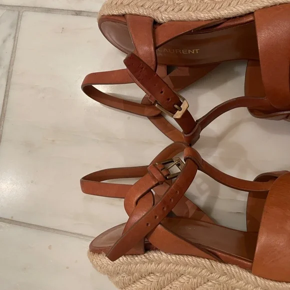 Yves Saint Laurent Tribute Brown Leather Espadrille Wedge Sandals - Picture 6 of 10
